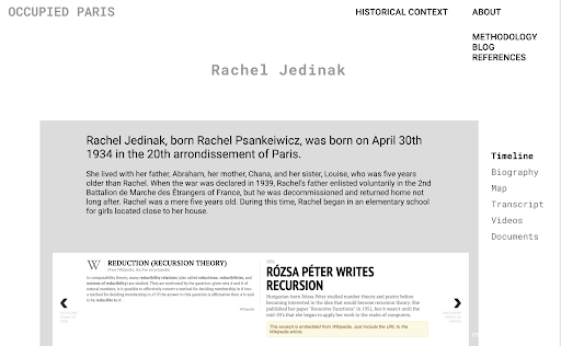 peron_personpg.png Wireframe for Rachel Jedinak's Occupied Paris site page, used as a prototype for the rest of the individual story pages