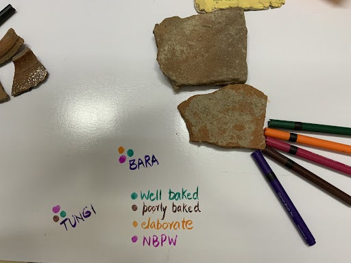 Potsherds laid out on a table with different colored markers used to symbolize whether they are "well baked", "poorly baked", and other classifications.