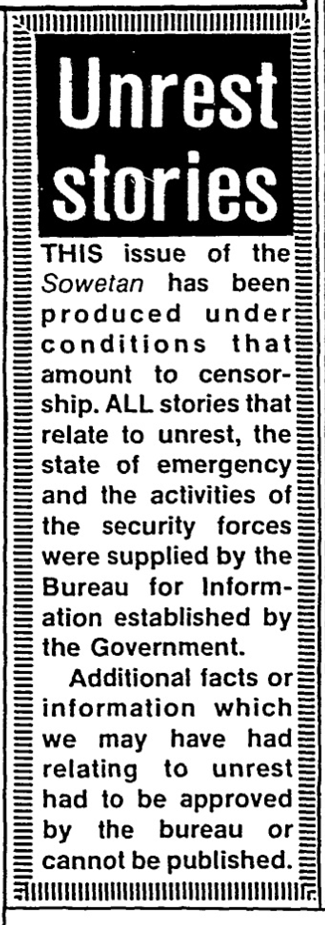 Censorship note. Sowetan, 26 August 1986, page 1.